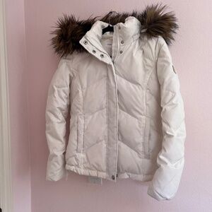 CALVIN KLEIN White Quilted Down Coat Women Small Faux Fur Trimmed Removable Hood